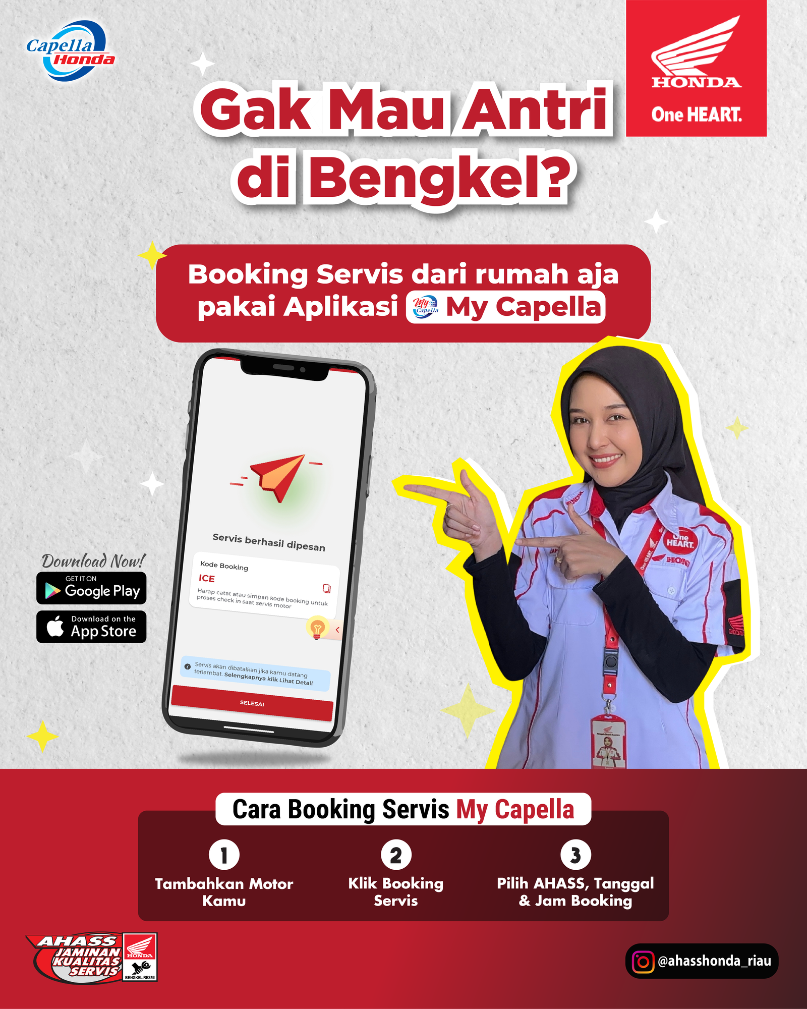 Poster cara booking servis melalui aplikasi My Capella